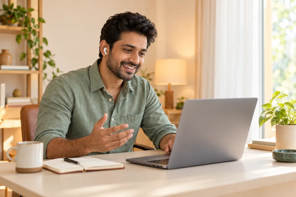 A remote colleague talking with teammates through a laptop