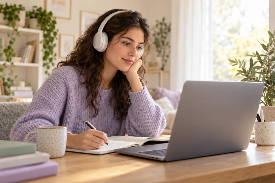 A learner attending an online lesson with a notebook and laptop