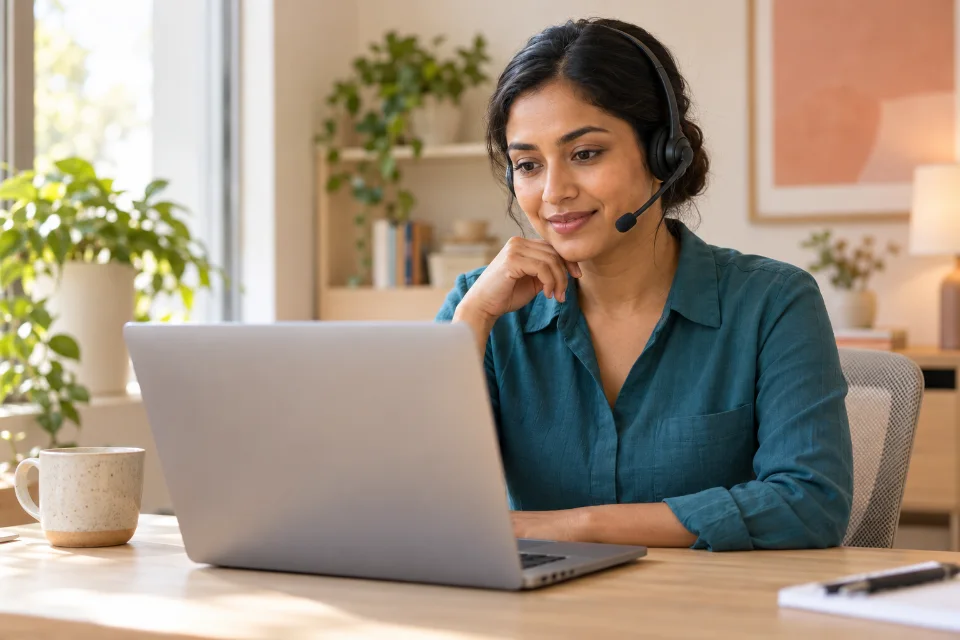 A support professional listening through a headset